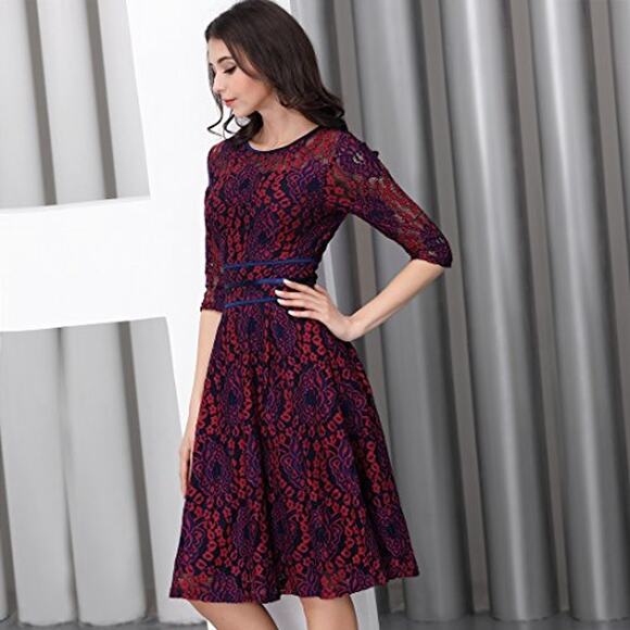 MIUSOL Maroon Navy 3/4 Lace Fit and Flare Dress // S - Picture 3 of 15